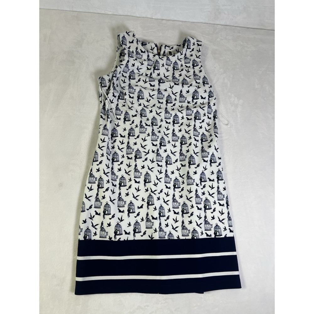 Julian Taylor Womens Size 14 Bird Cage Print Shift Dress Navy White Sleeveless